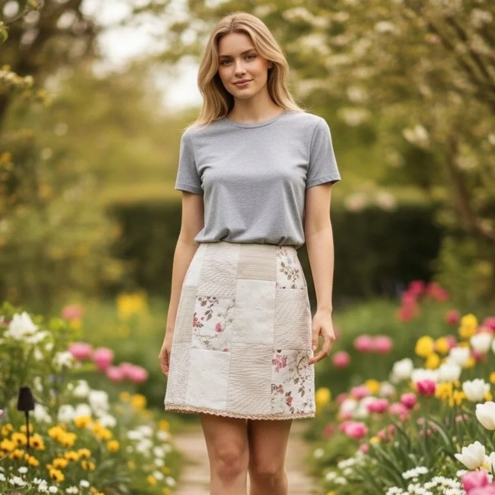 Alberto Makali Patchwork Mini Skirt Cream‎ Ivory Romantic Grandmacore Size 8